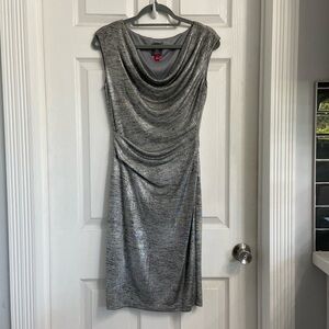 Vince Camuto Metallic Silver Sheat Knit Dress Size 4 Stretch Cowl Neck